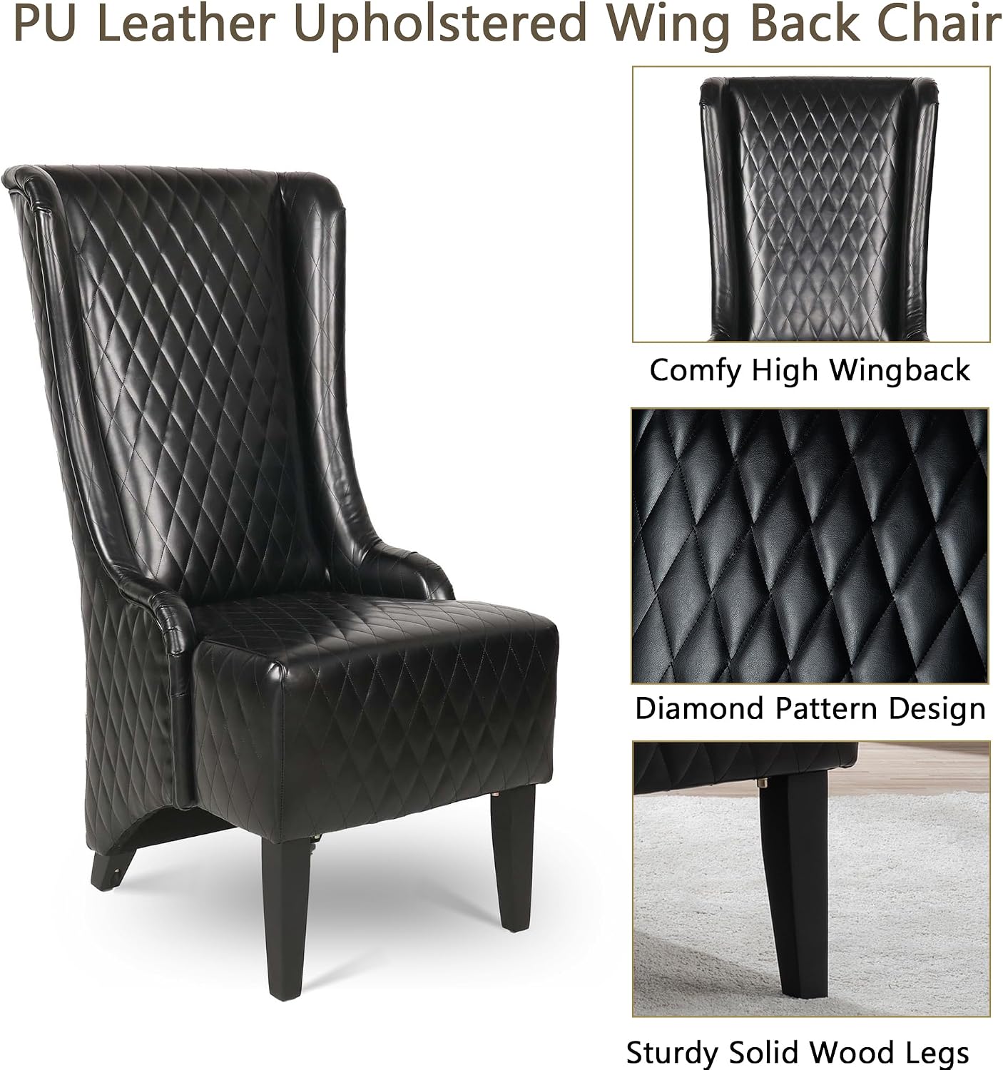 Henf High Back Dining Chair Set of 2, Upholstered Wing Back Dining Chairs King Throne Royal Chair, Retro Accent Dinner Chairs for Dining Room, Dressing Room, Bedroom, Living Room, Black PU Leather