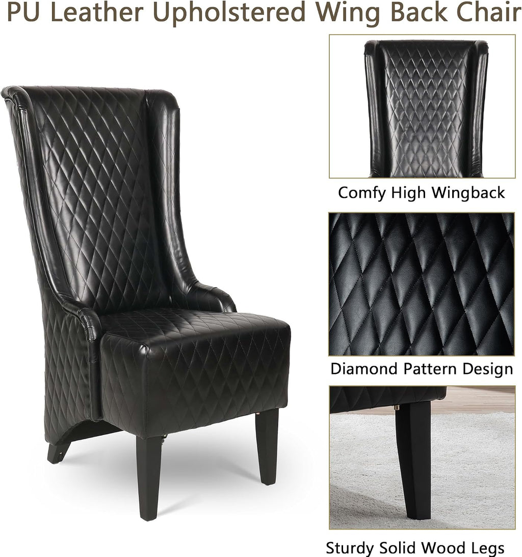 High Back Dining Chair, Retro Wing Back King Throne Chair Head Chairs for Dining Table, PU Leather Upholstered Accent Side Chairs for Living Room Dining Room Bedroom (Black)