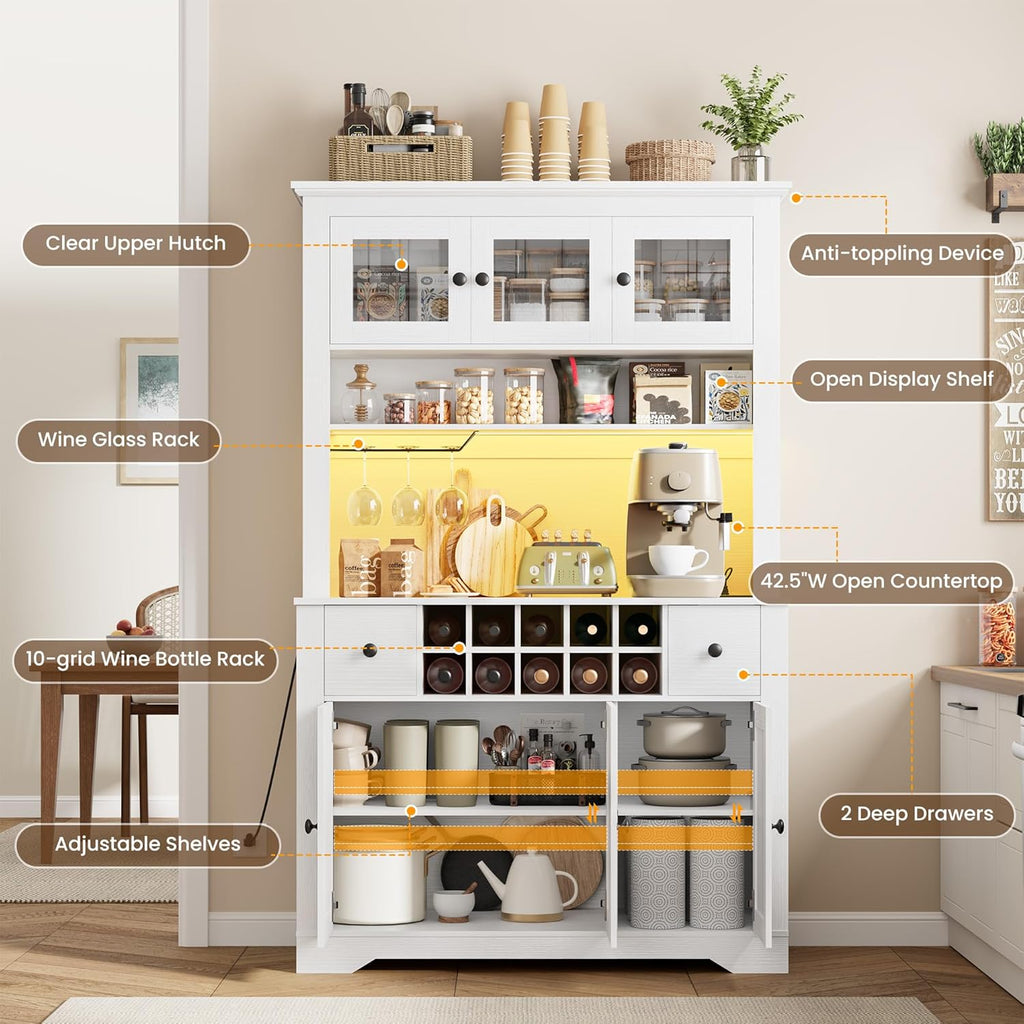 68.7 " Pantry Cabinet with LED Light and Charging Station, Kitchen Pantry Storage Cabinet with Countertop, Large Kitchen Hutch with Wine Rack & Adjustable Shelves for Dining Room, Living Room