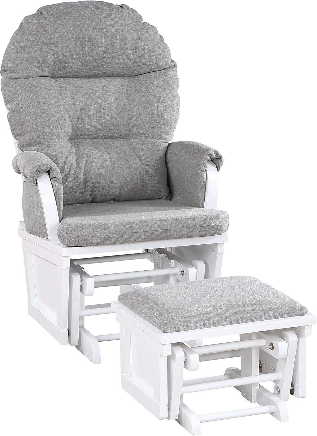 Modern Glider Chair & Ottoman: Solid Wood Frame with Polyester Upholstery - Soft Cushion & Storage Armrests for Kids Room - White/Grey Nursery Rocking Chair Set