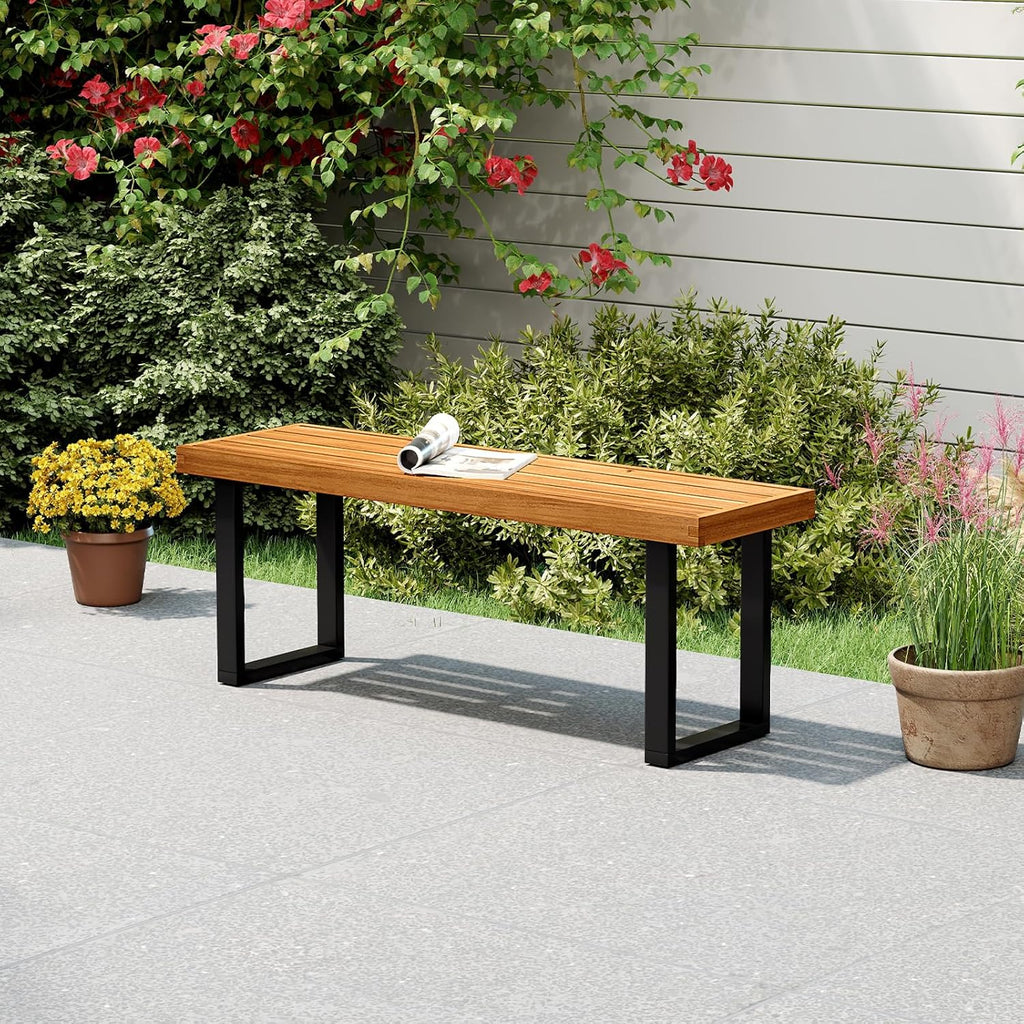 HAPPYGRILL Acacia Wood Bench for 2 People, Outdoor Dining Bench with Metal Legs & Adjustable Foot Pads, for Entryway, Garden, Poolside, Balcony, 800 LBS (1)