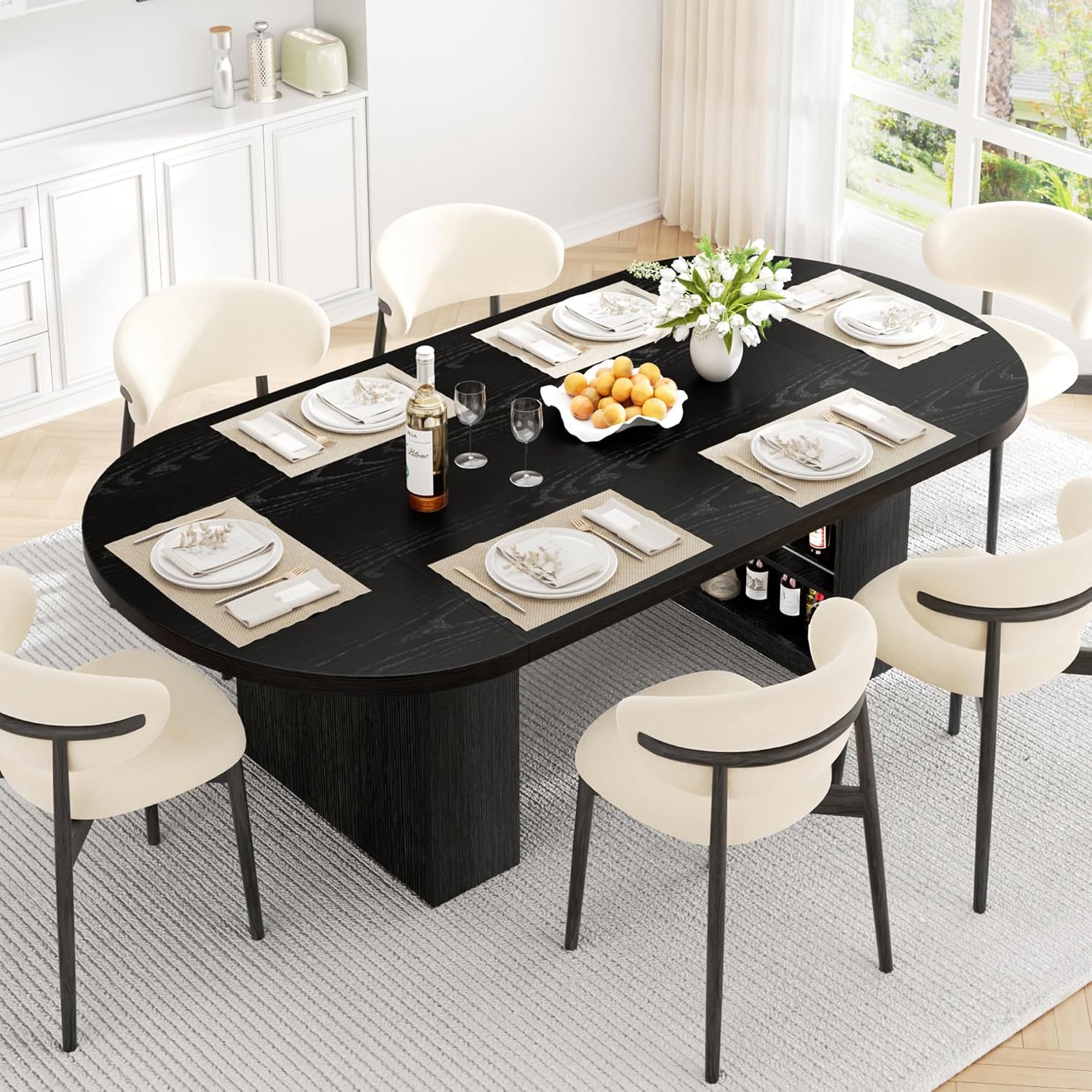Jocoevol 78.7" Dining Table for 6-10 People, Oval Dining Room Table with 3-Tier Storage Shelf, Modern Black Kitchen Tables with Heavy Duty Pedestal Base for Home, Dining Room, Black