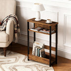 Garvee Narrow Side Table, 3-Tier Slim End Table with Storage Shelf, Modern Sofa Thin Side Tables for Narrow and Small Spaces, Skinny Bedside Tables Nightstand with Magazine Rack Space Saving Brown
