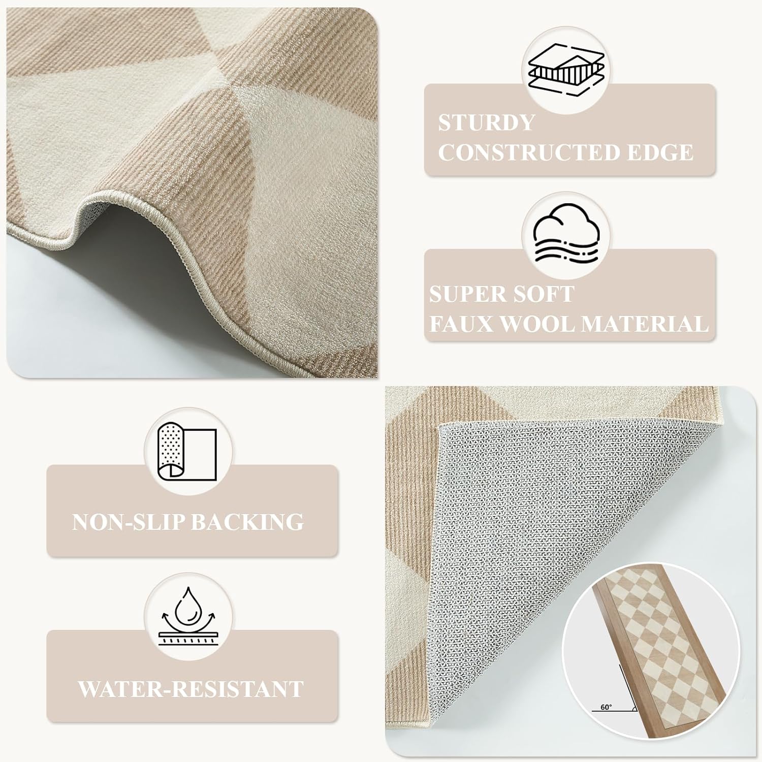 Beeiva Checkered Print Carpet Runners for Hallway 6ft, Beige Ultra Thin Washable Kitchen Runner Rug Non Slip, Moroccan Plaid Checkerboard Decor Faux Wool 2x6 Rug for Bedroom Bathroom Entryway