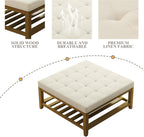 Befurtori Large Square Ottoman Coffee Table, Linen Solid Upholstered Footrest Ottoman with Solid Wood Shelf Storage Tufted Coffee Table for Bedroom Living Room, Ivory