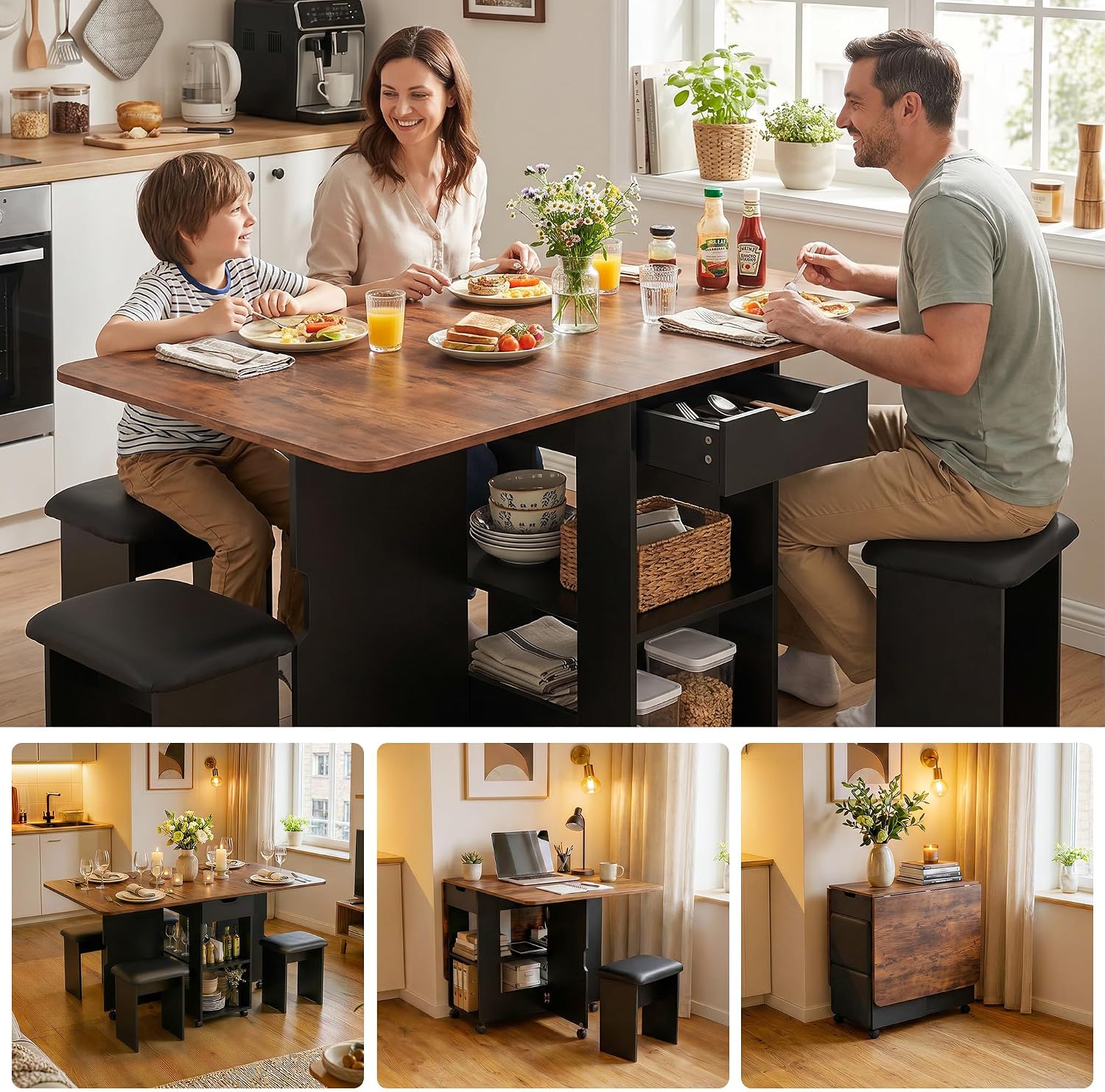 Mondeer Folding Dining Table and Chairs Set 4, 55" Space Saving Table with 4 Cushioned Stools, 2 Drawers and Storage Shelves, Foldable Table and Chairs for Kitchen Dining Room Living Room
