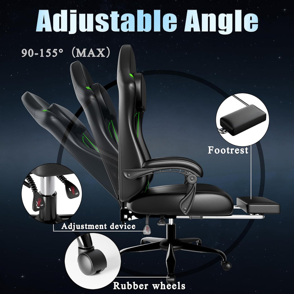 Gaming Chair with Footrest, Ergonomic Gamer Chair with Pocket Spring Cushion and Lumbar Pillow, Video Game Chair for Adults (Black + Green)