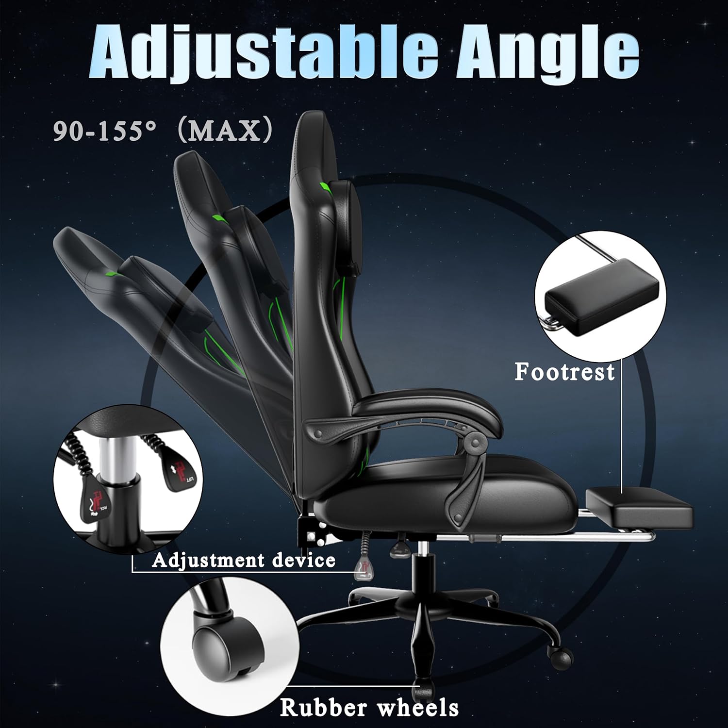 Gaming Chair with Footrest, Ergonomic Gamer Chair with Pocket Spring Cushion and Lumbar Pillow, Video Game Chair for Adults (Black + Green)