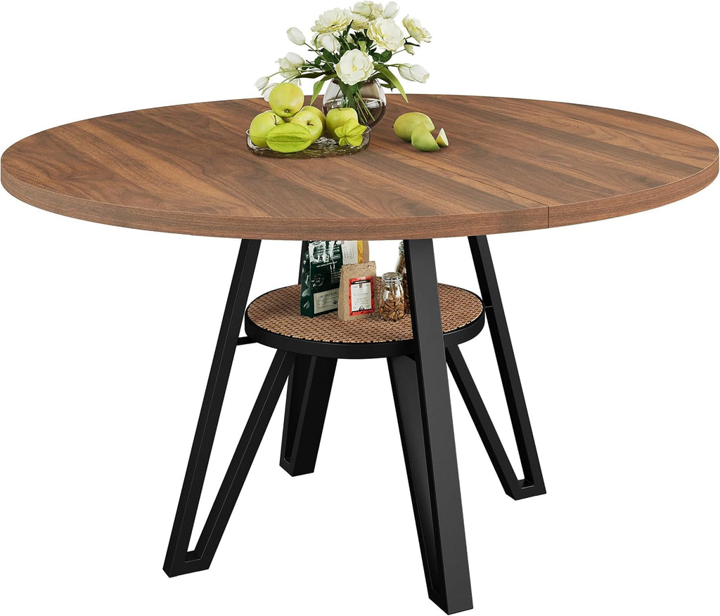 LIKIMIO 47.2" Round Dining Table for 4, Kitchen Table with Rattan Storage Shelf, Space Saving, Farmhouse Wood for Dining Room, Living Room,Walnut