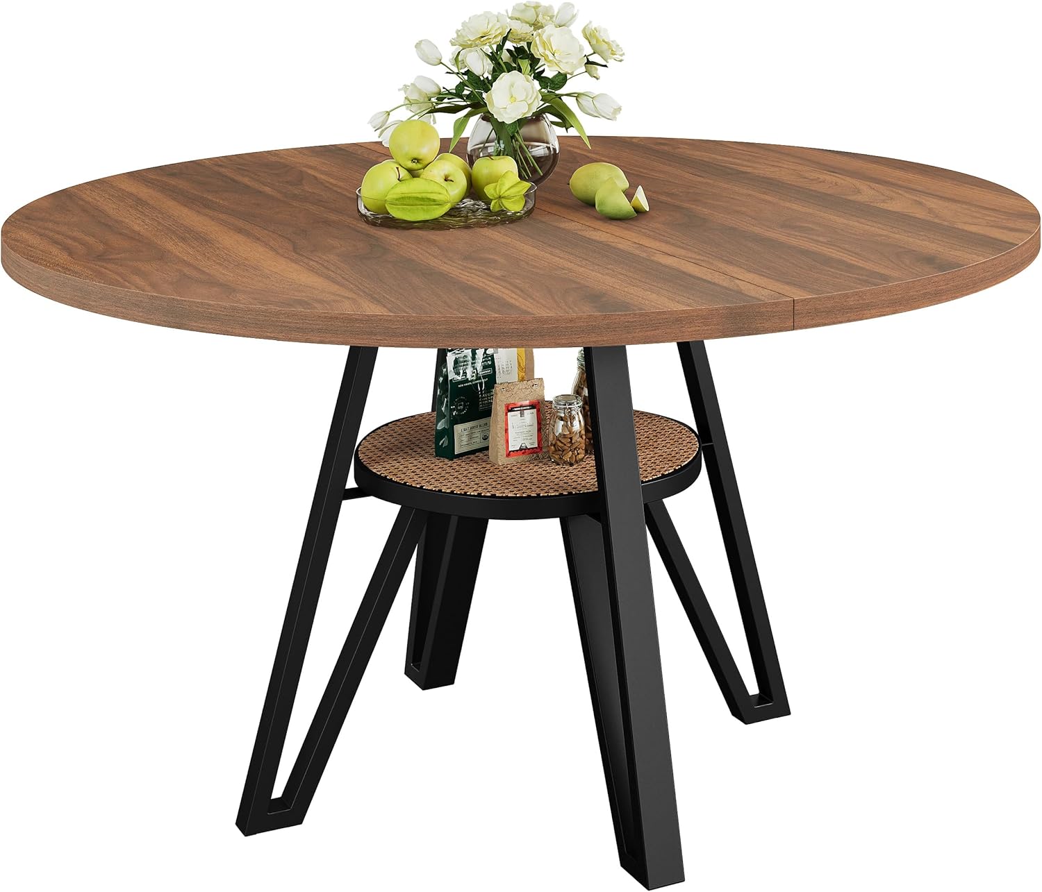 LIKIMIO 47.2" Round Dining Table for 4, Kitchen Table with Rattan Storage Shelf, Space Saving, Farmhouse Wood for Dining Room, Living Room,Walnut