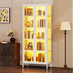 Lucky Monet 5-Tier Display Cabinet with 12 Color Lights & Glass Doors, 67" Lighted Curio Cabinet with Adjustable Shelves, Glass Metal Display Case for Collectibles Figures China (White)