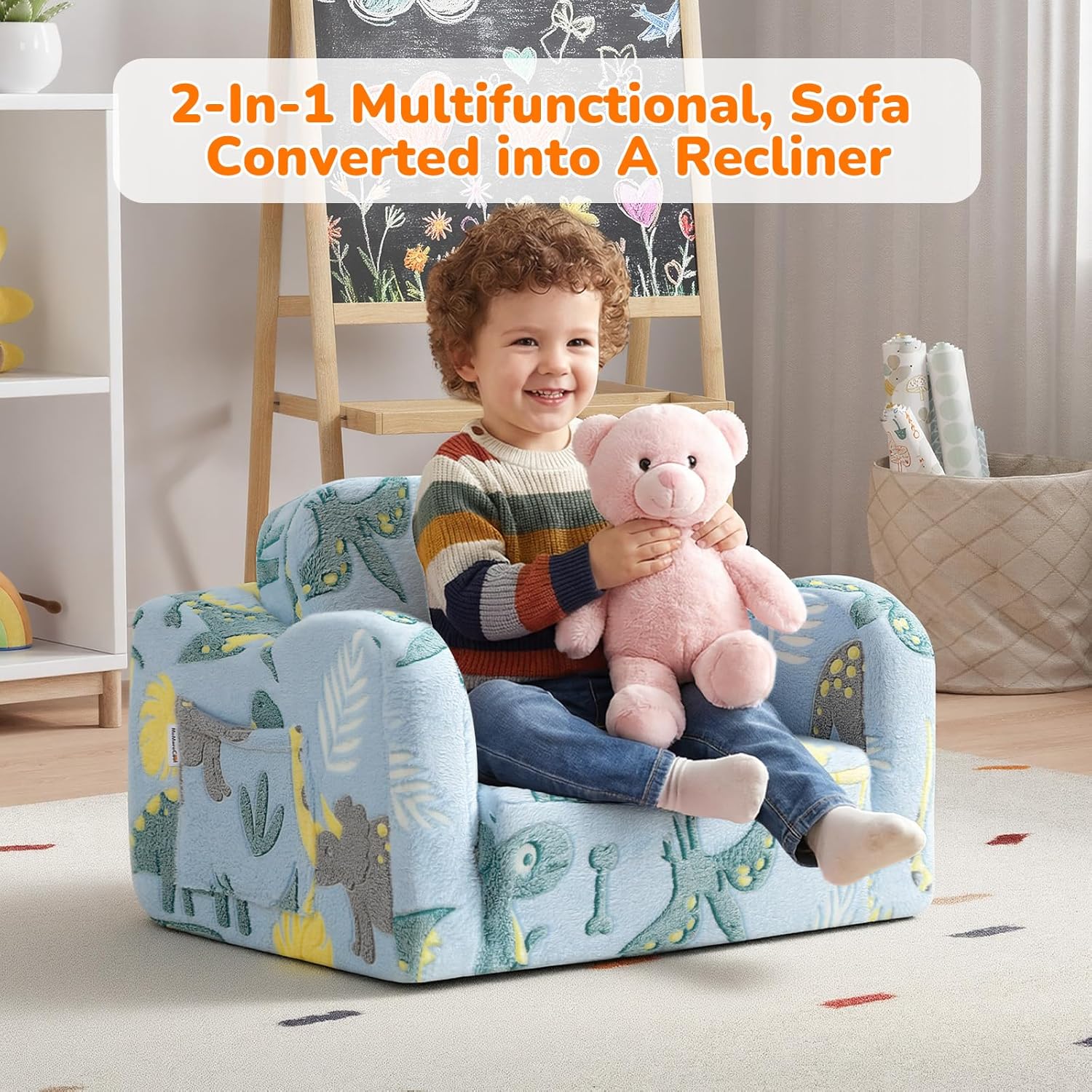 MeMoreCool Glowing Dinosaur Kids Chair, 2-in-1 Convertible Kids Couch Fold Out to Lounger, Glow-in-the-Dark Dino Sofa for Boys Ages 1-3, Soft Foam Flip-Out Seat with Washable Cover, Sky Blue | Reading, Relaxing