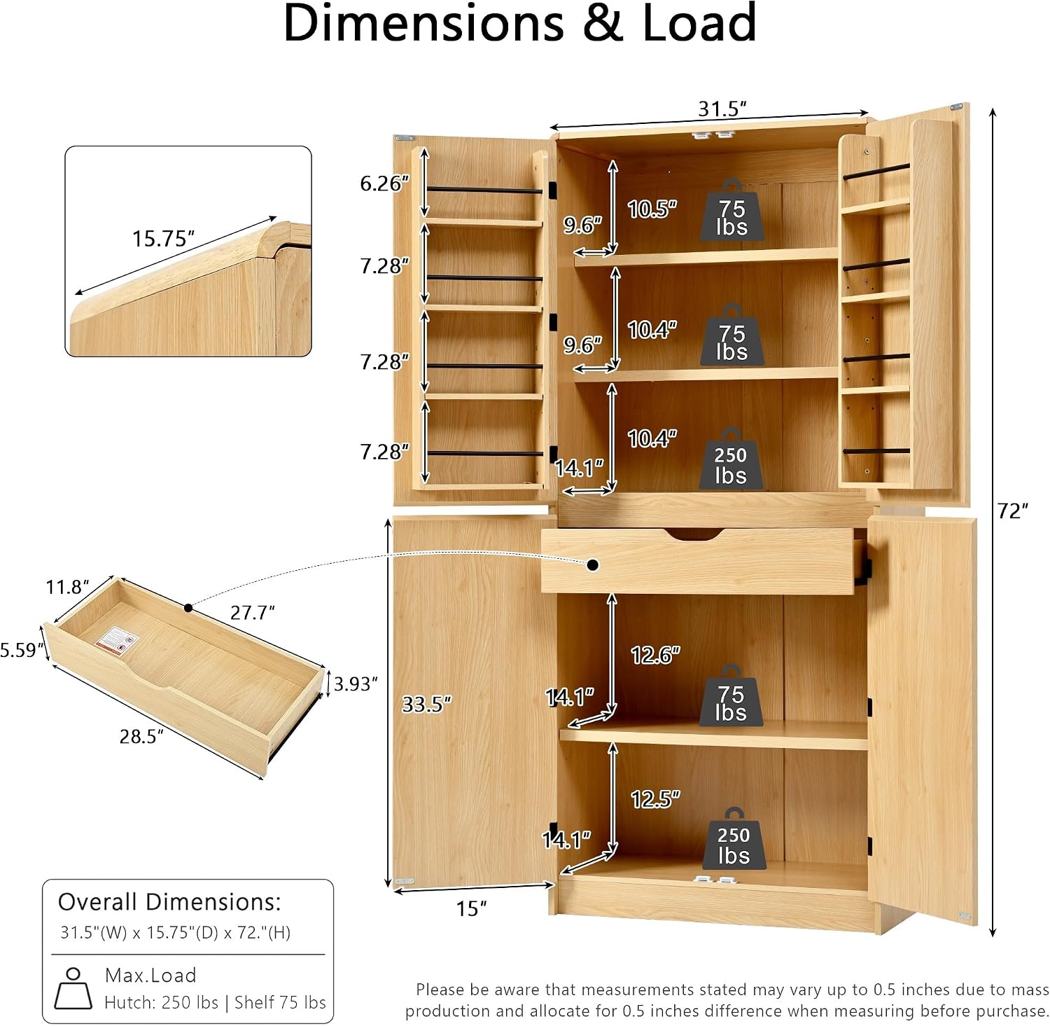 72" Tall Farmhouse Kitchen Pantry Cabinet with 8 Door Shelves, Curved Design Storage Cabinet with 3 Adjustable Shelves, Hidden Drawer, Versatile Cupboard for Kitchen, Dining Room, Natural