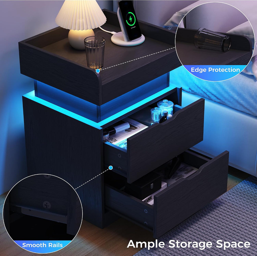 Nightstand with Charging Station and LED Lights, Night Stand with Sliding Top, Modern End Side Table with 2 Drawers, Bedside Table for Bedroom, Living Room, Office, Black
