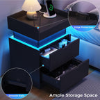 Nightstand with Charging Station and LED Lights, Night Stand with Sliding Top, Modern End Side Table with 2 Drawers, Bedside Table for Bedroom, Living Room, Office, Black