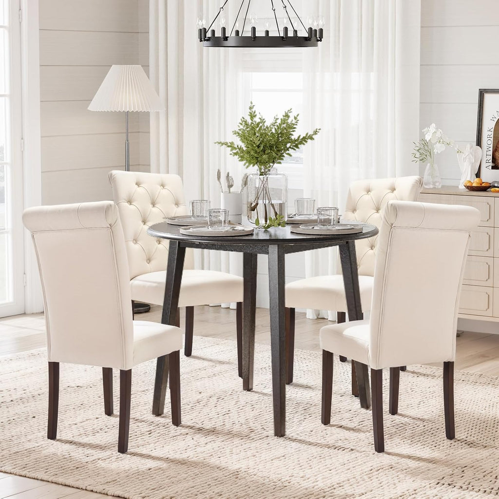 COLAMY Tufted Dining Chairs Set of 4, Accent Parsons Diner Chair Upholstered Fabric Stylish Kitchen Chairs with Solid Wood Legs and Padded Seat, Beige