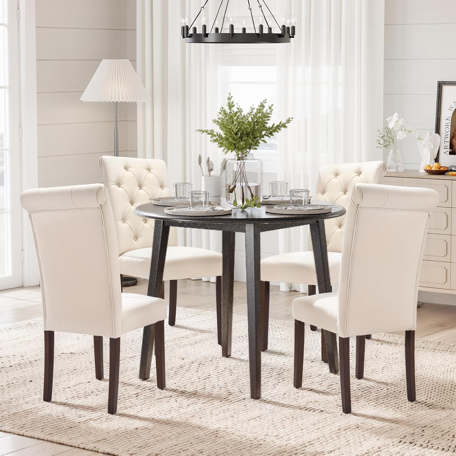 COLAMY Tufted Dining Chairs Set of 4, Accent Parsons Diner Chair Upholstered Fabric Stylish Kitchen Chairs with Solid Wood Legs and Padded Seat, Beige