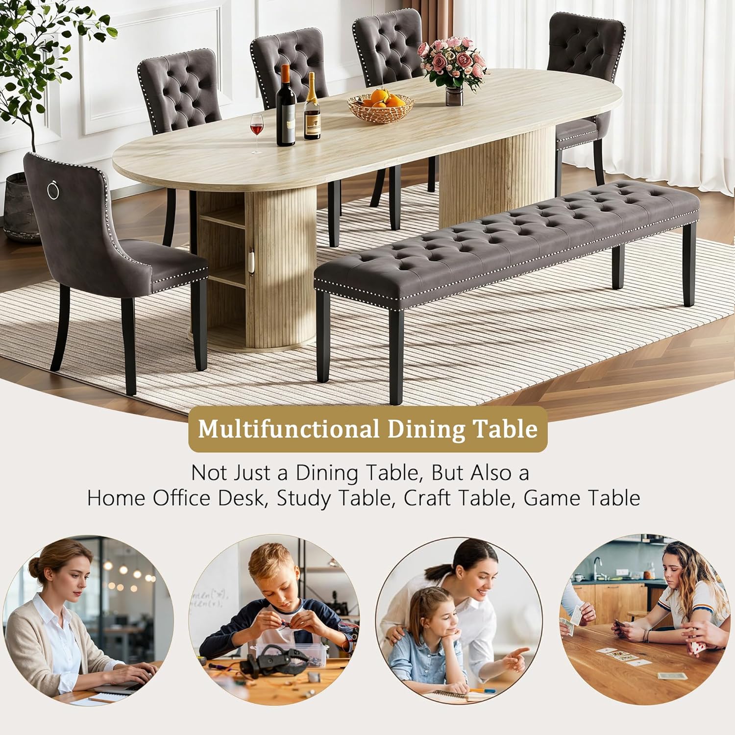 63"-94" Large Oval Extendable Dining Table for 6 8 10, Faux Travertine Expandable Kitchen Table with 2 Storage Base & Sliding Doors, Modern Farmhouse Dining Table for Dinner Party Family Gathering
