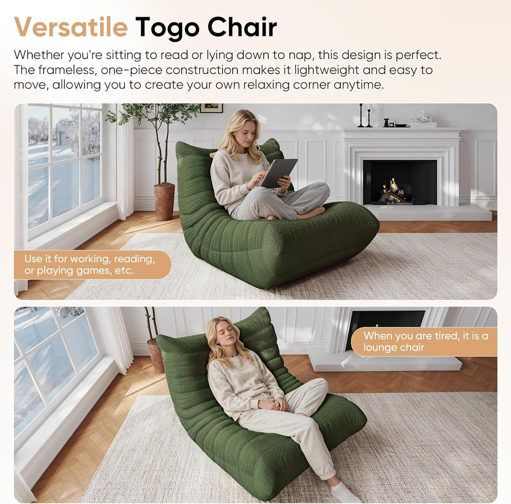 Giant Bean Bag Chairs for Adults Teen Reading Chair Togo Sofa Boneless Floor Couch Comfy Memory Foam Teddy Fleece BeanBag Fireside Lounge Chair for Living Room Bedroom, Green, 1 Seater