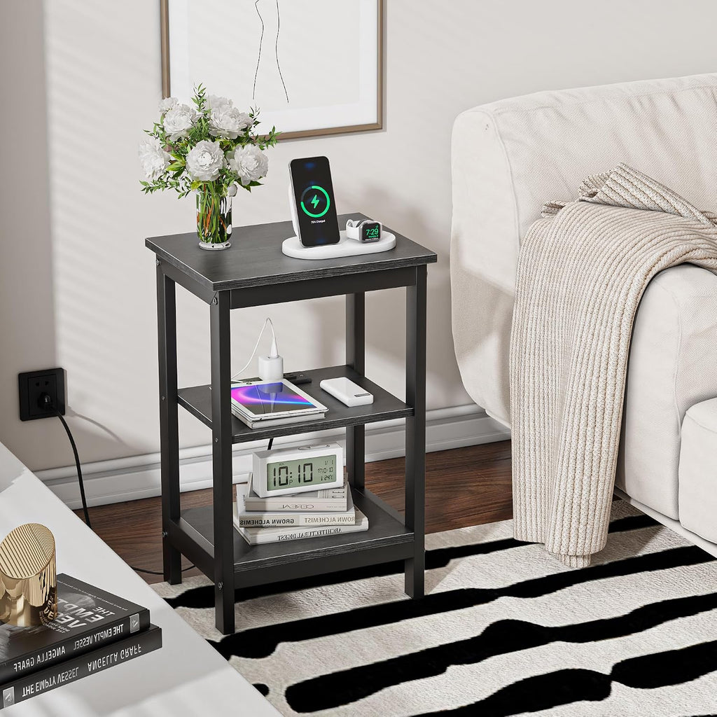 VECELO End Table with Charging Station and USB Ports, Small Wood Nightstand Modern, 24" Tall Living Room Side Table with 3-Tier Storage Shelves for Small Spaces,Office,Bedroom, Classic Black, Set of 2