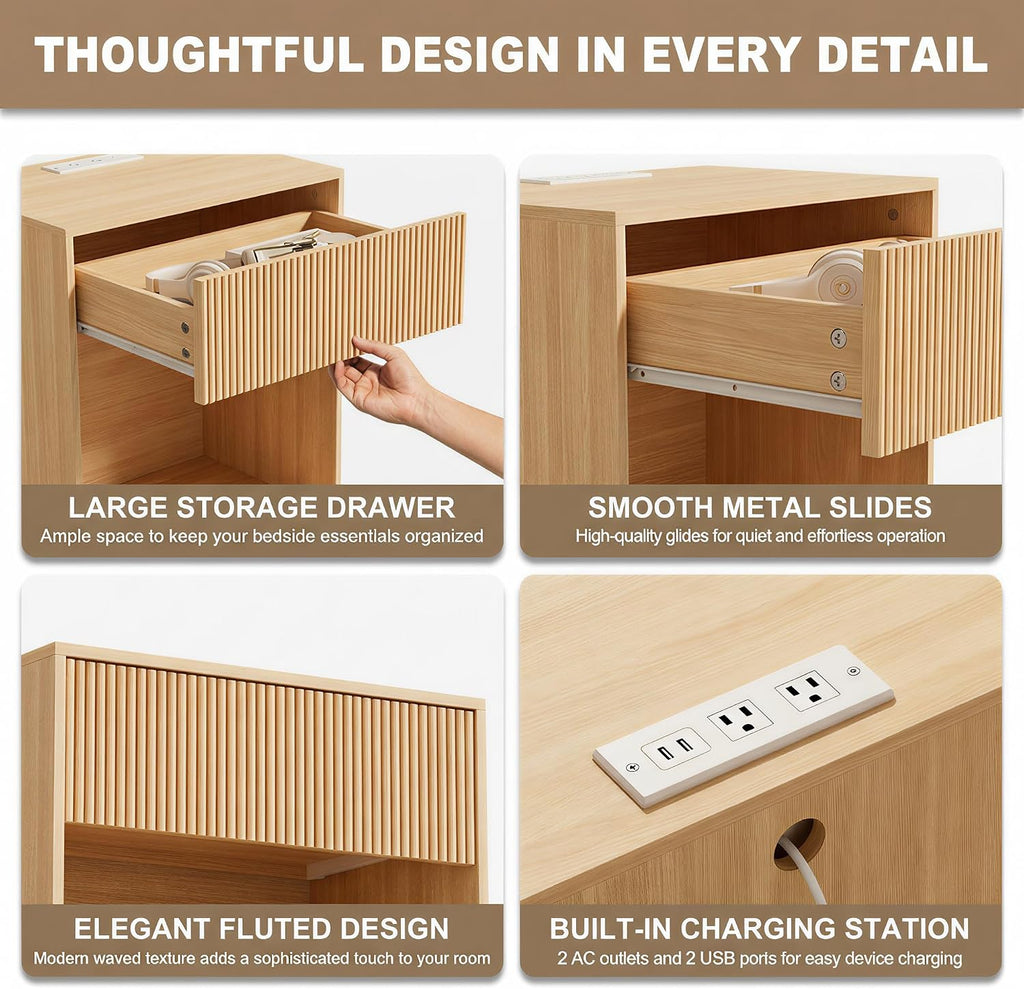 Fluted Nightstands Set of 2, Night Stand with Charging Station, Modern Bed Side Table with Drawer and Storage Shelf, Wood Mid Century End Table for Bedroom Living Room (Oak)