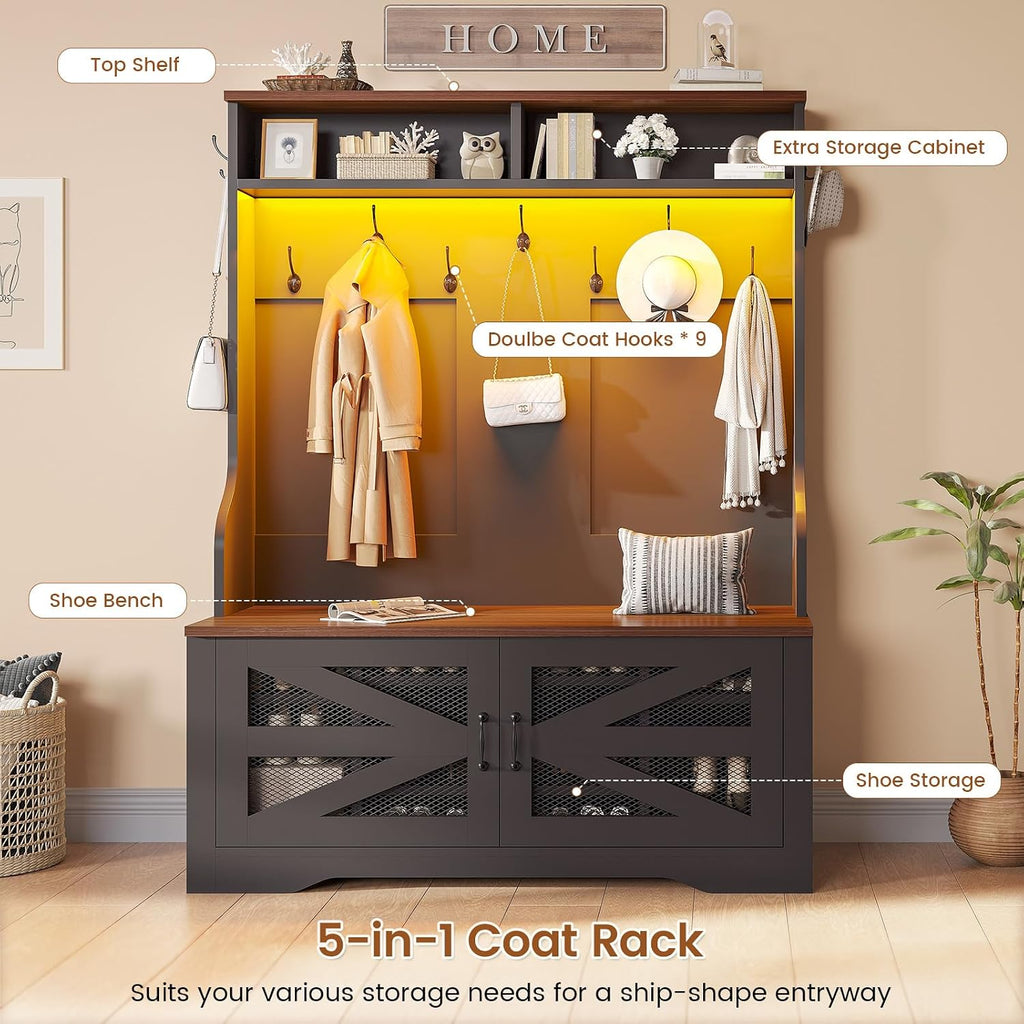 Itaar Hall Tree with Bench and Shoe Storage, 5-in-1 Entryway Bench with Coat Rack, 10 Shoe Cubbies & 9 Coat Hooks, Barn Door & Adjustable Shelf (Black)