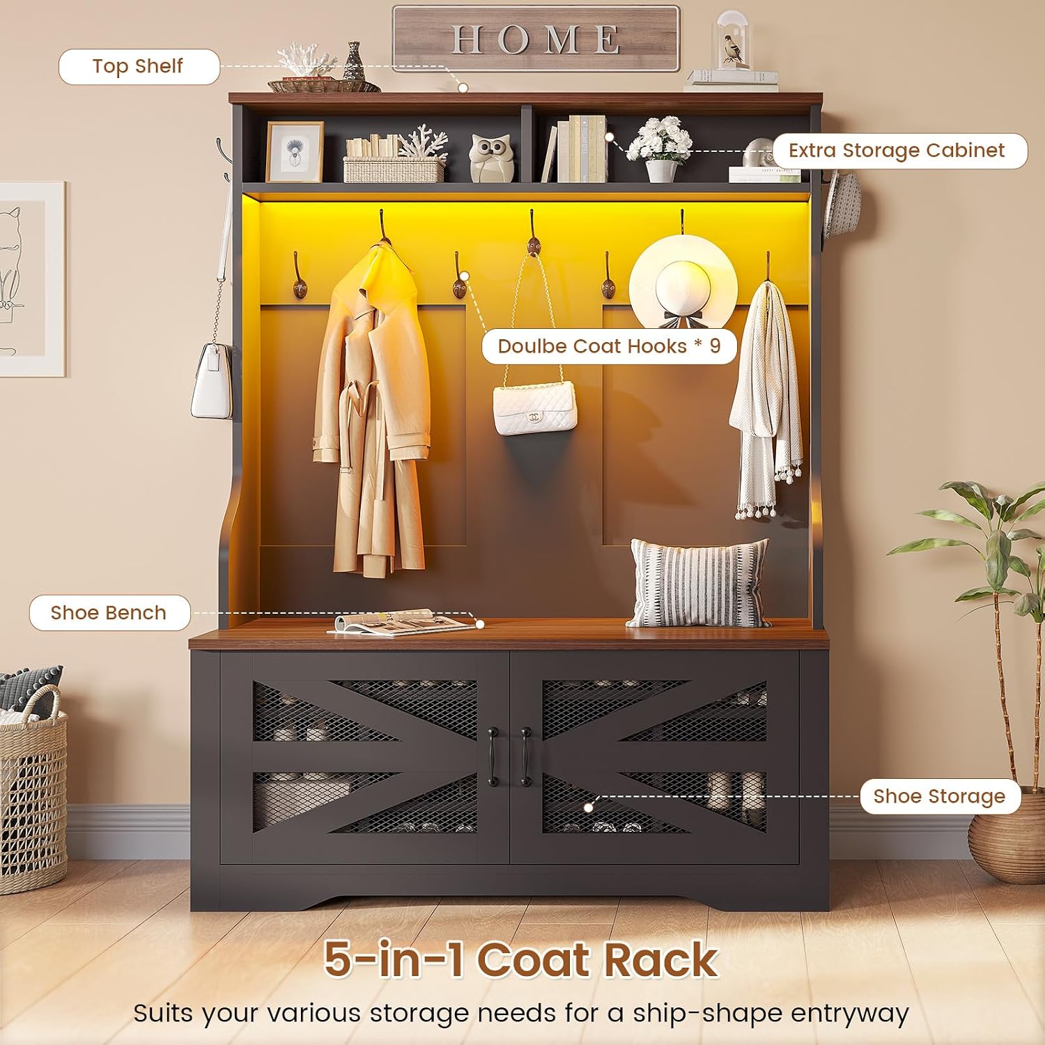 Itaar Hall Tree with Bench and Shoe Storage, 5-in-1 Entryway Bench with Coat Rack, 10 Shoe Cubbies & 9 Coat Hooks, Barn Door & Adjustable Shelf (Black)