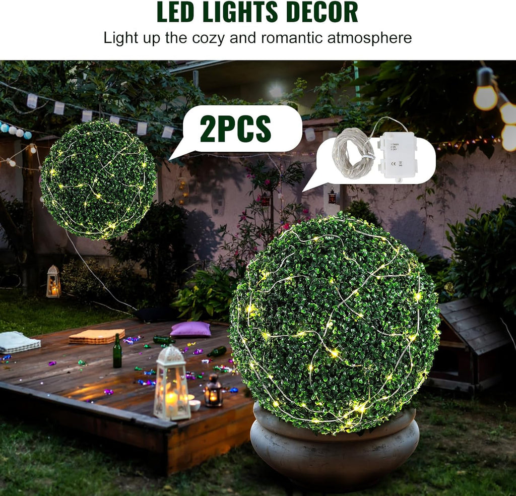 VEVOR 2 Pcs 20” Artificial Plant Topiary Ball, Faux Boxwood Balls with 2 LED Light String, All-Year Green Faux Plant Decorative Balls for Backyard, Balcony,Garden, Wedding and Home Décor