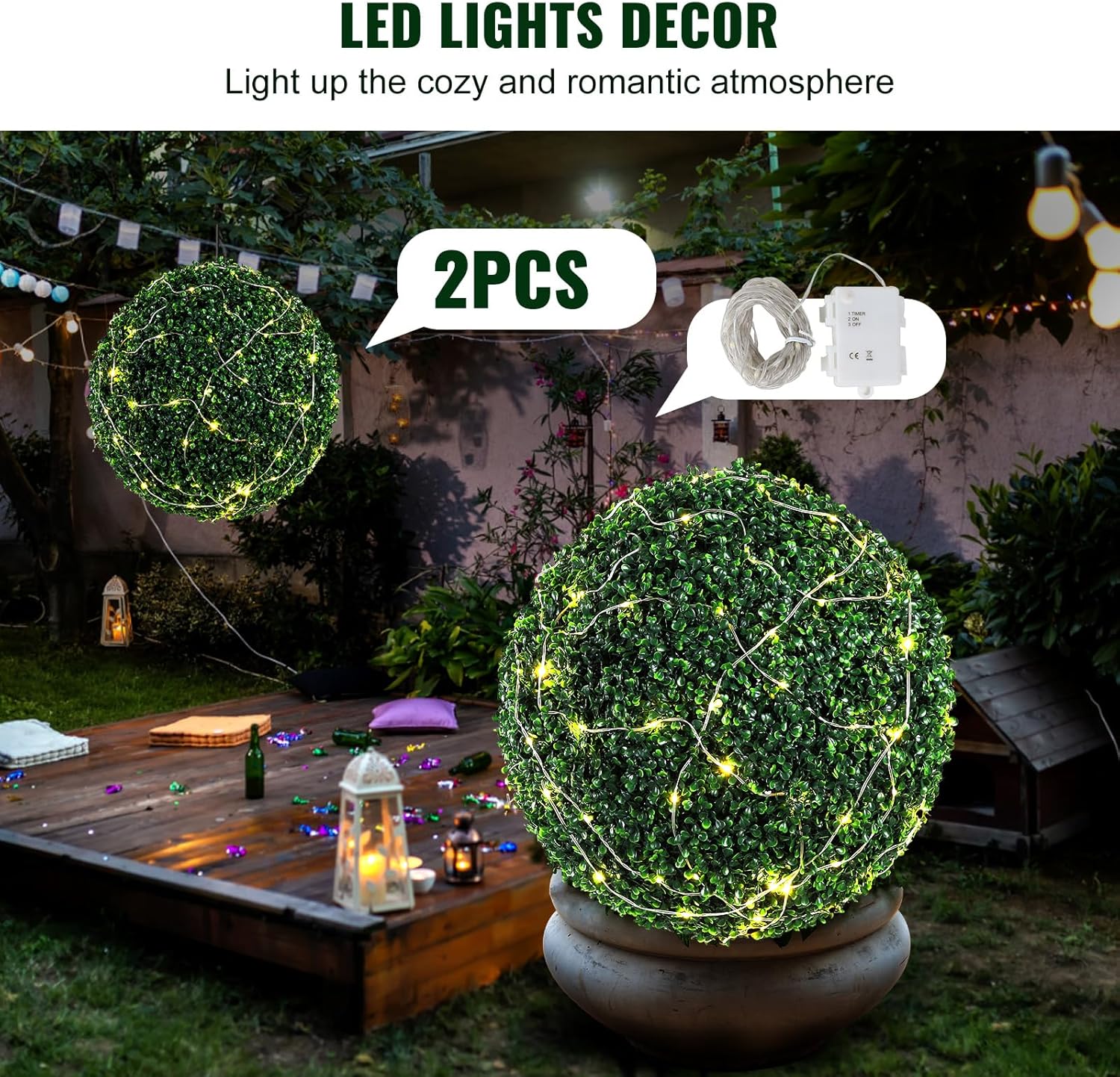 VEVOR 2 Pcs 20” Artificial Plant Topiary Ball, Faux Boxwood Balls with 2 LED Light String, All-Year Green Faux Plant Decorative Balls for Backyard, Balcony,Garden, Wedding and Home Décor