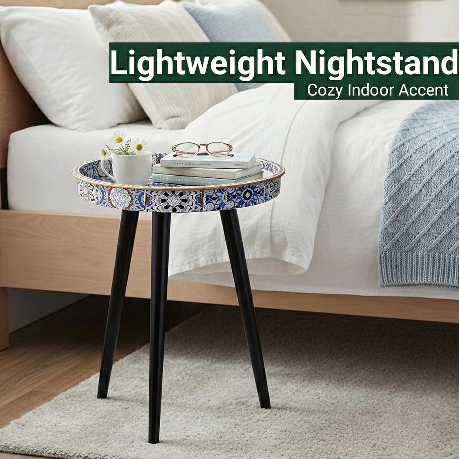 Round Indoor Side Tables with Detachable Wooden 3 Legs, Versatile Tray Table, Perfect for Round Coffee Table Tea, and Relaxation Time 17.7 Inch (33 Bohemian)