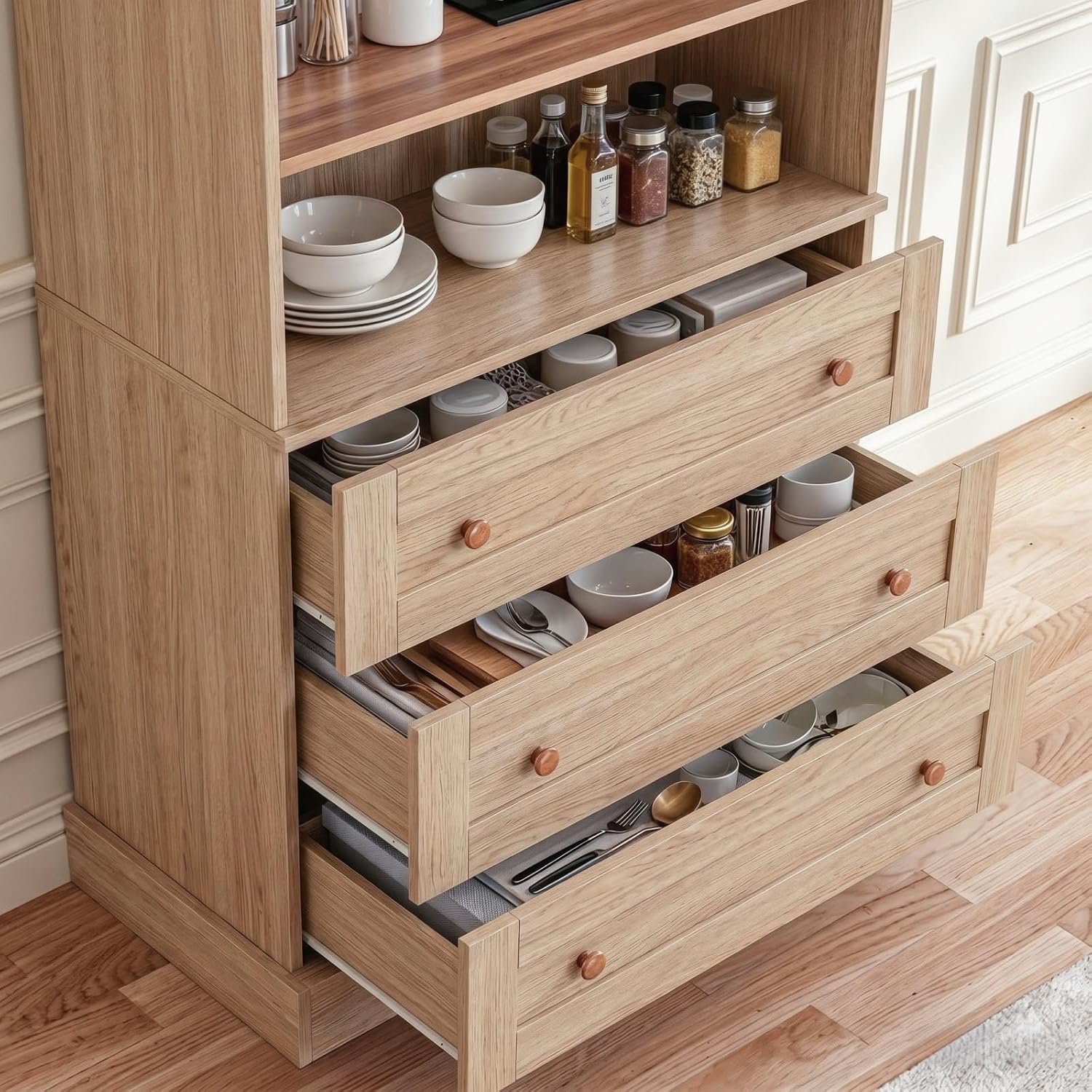 ivaniti 71" Tall Farmhouse Kitchen Pantry, Large Storage Cabinet with Adjustable Shelves, 3 Drawer, Wood Versatile Hutch Cabinet for Dining Room, Living Room, Brown 2 Pcs