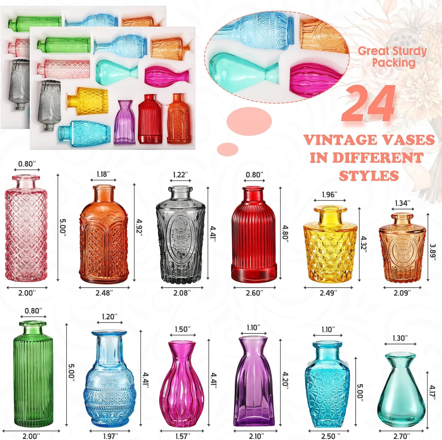 Dandat 24 Pieces Colored Small Vases Decorative Glass Bud Vases Rustic Embossed Colorful Bottles Vintage Glass Bottles for Flowers Home Wedding Decor Table Centerpieces Decorations, 12 Styles