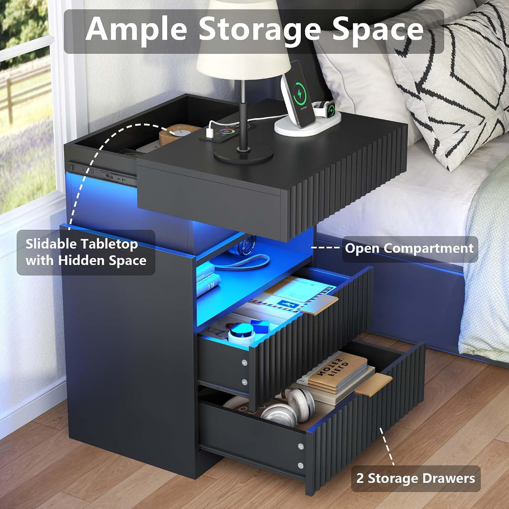 Night Stand with Wireless Charging Station, Black Bedside Table with Hidden Gun Drawer & LED Lights, Modern End Table with 2 Drawers, Fluted Nightstands with Open Storage Shelf for Bedroom