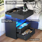 Night Stand with Wireless Charging Station, Black Bedside Table with Hidden Gun Drawer & LED Lights, Modern End Table with 2 Drawers, Fluted Nightstands with Open Storage Shelf for Bedroom