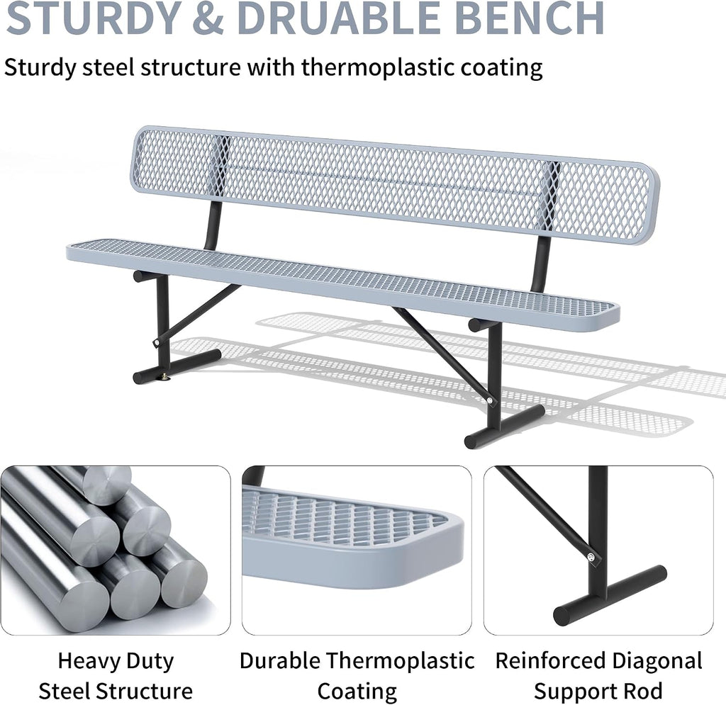 4/6/8 Feet Park Bench for Outside Heavy Duty Metal, Garden Benches Outdoor Bench with Backrest & Portable Frame, for Shopping Malls Stores Parks Patios Decks, Grey