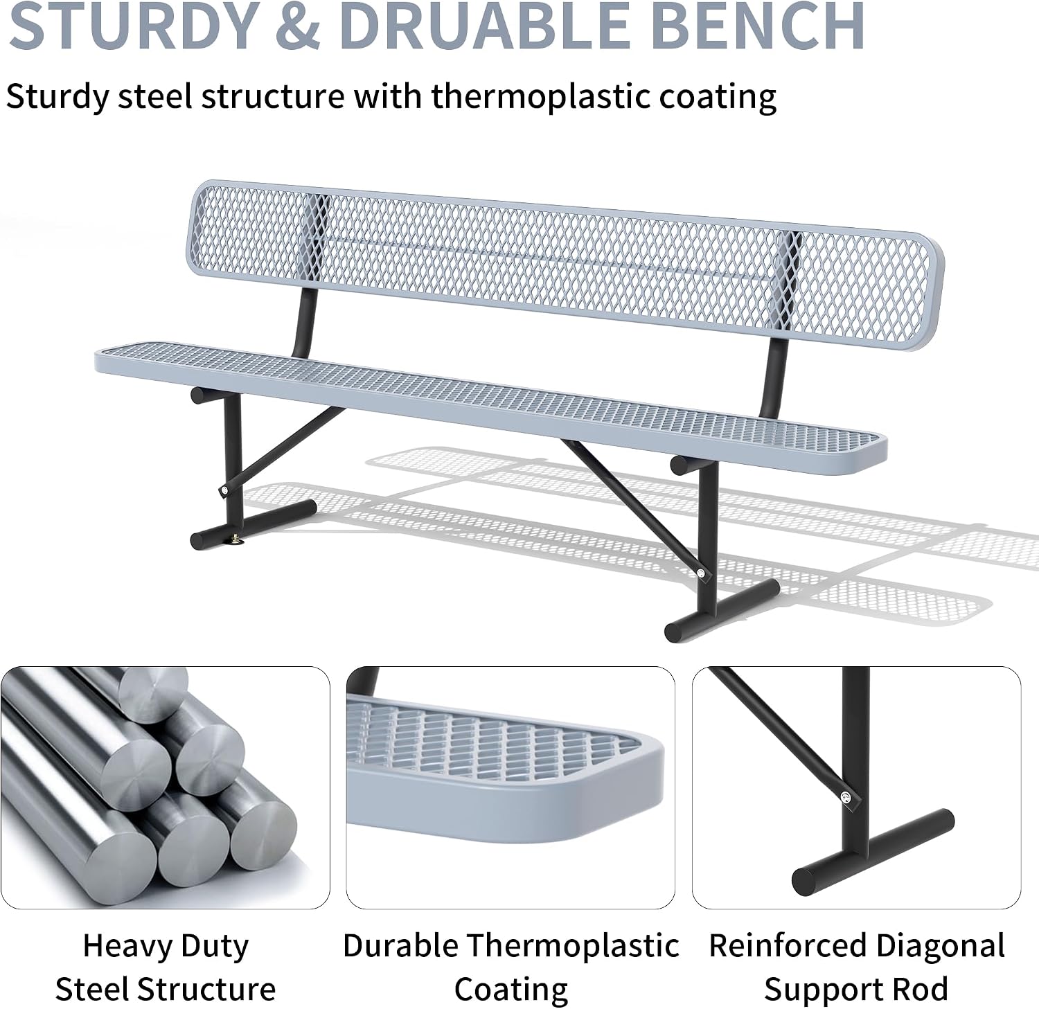 4/6/8 Feet Park Bench for Outside Heavy Duty Metal, Garden Benches Outdoor Bench with Backrest & Portable Frame, for Shopping Malls Stores Parks Patios Decks, Grey
