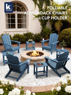 KINGYES Folding Adirondack Chair Set of 2, HDPE All-Weather Patio Chairs with Cup Holder, Wooden Textured Fire Pit Chairs for Poolside, Backyard, Deck, Navy
