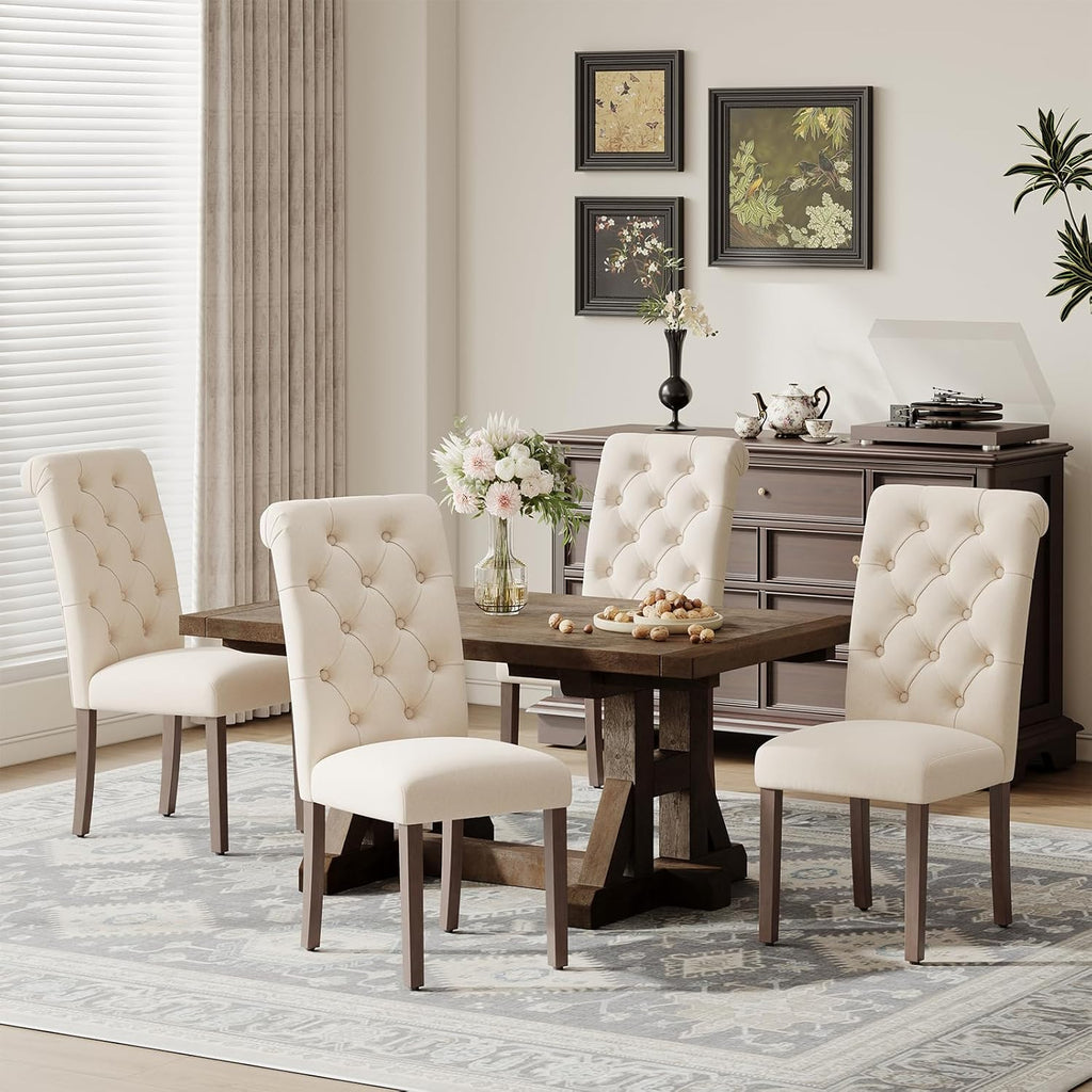 MALOL Upholstered Tufted Dining Room Chairs Set of 4, Parsons Kitchen Chairs with Padded Seat and Solid Wood Legs, Fabric Accent Side Diner Chair for Dining Room/Kitchen/Living Room, Beige