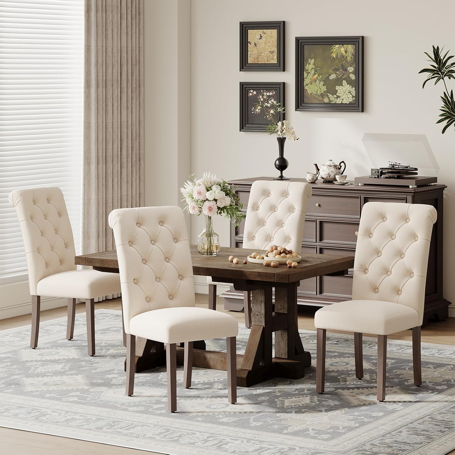 MALOL Upholstered Tufted Dining Room Chairs Set of 4, Parsons Kitchen Chairs with Padded Seat and Solid Wood Legs, Fabric Accent Side Diner Chair for Dining Room/Kitchen/Living Room, Beige