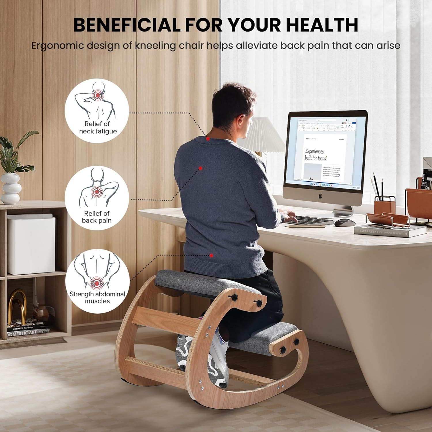 Easyego Kneeling Chair Ergonomic Posture Chair, Wood Adjustable Rocking Knee with Soft Padding, Natural Relief for Neck or Back Pain for Home Office, Max Load 300 lb - Gray