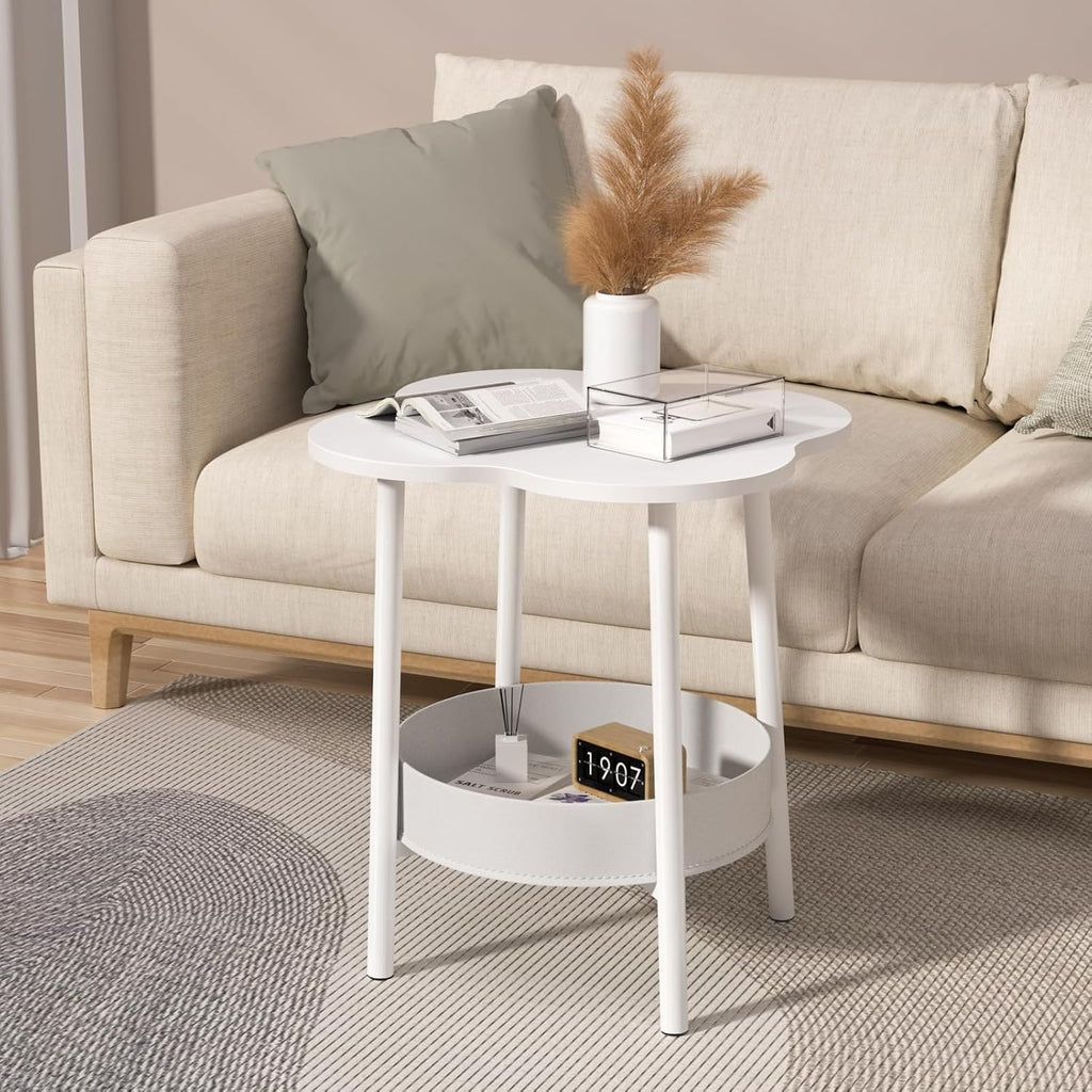 Small Coffee Table, 2 Tier Flower Shaped Desktop Accent Table, Modern Couch Bedside End Tables, Nightstand for Bedroom or Living Room, Small Spaces Display Side Tables White