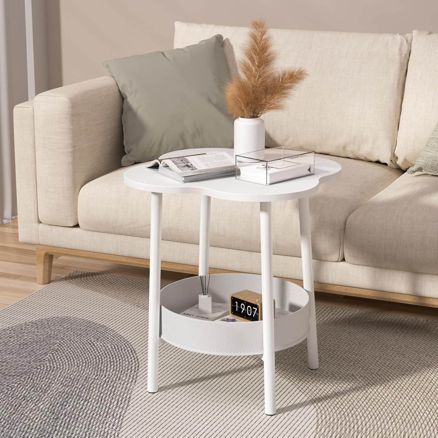 Small Coffee Table, 2 Tier Flower Shaped Desktop Accent Table, Modern Couch Bedside End Tables, Nightstand for Bedroom or Living Room, Small Spaces Display Side Tables White