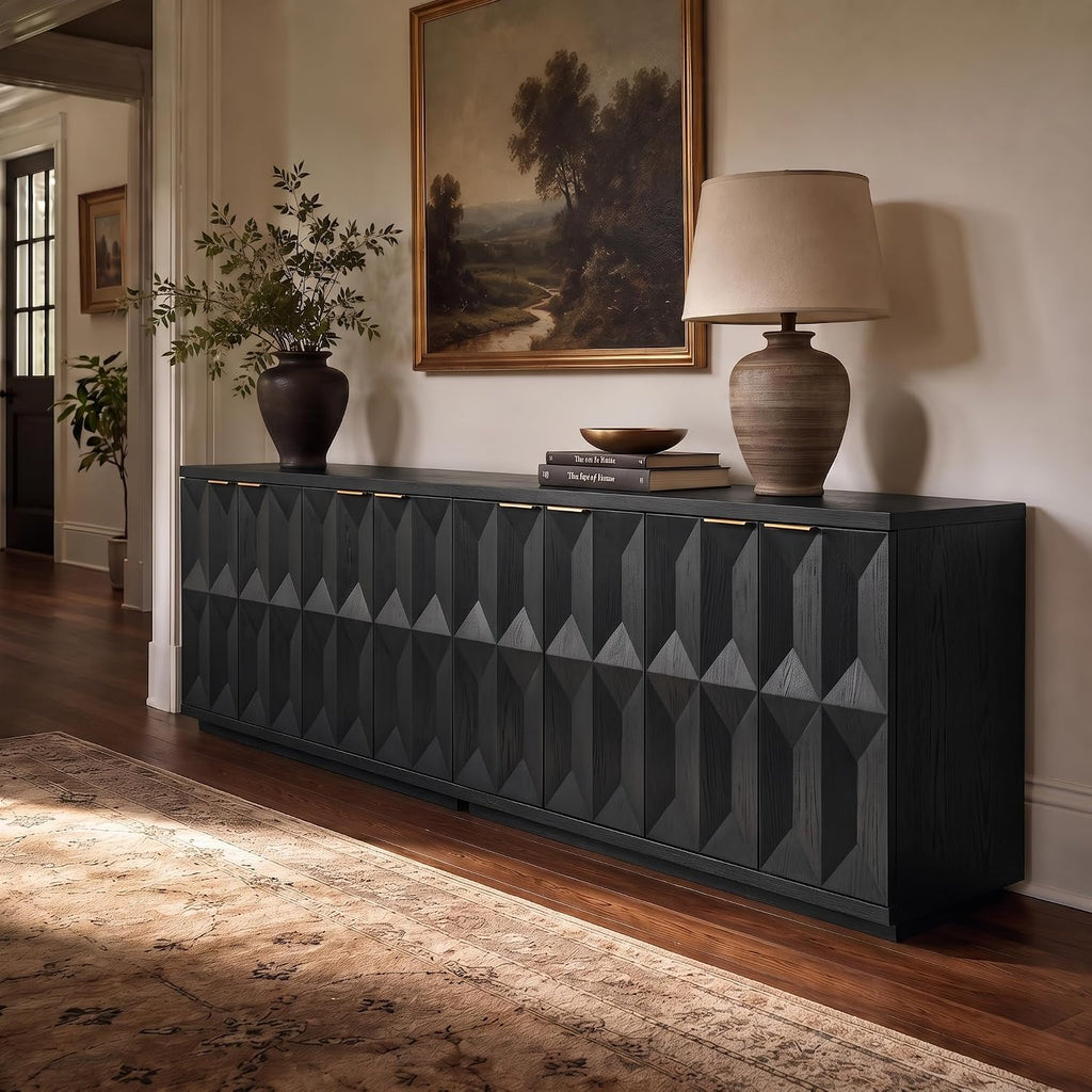 Brafab Buffet Cabinet, 118" Modern Mid-Century Credenza with 8 Doors, Wood Sideboard Cabinet with Geometric Doors for Living Room and Kitchen, Black