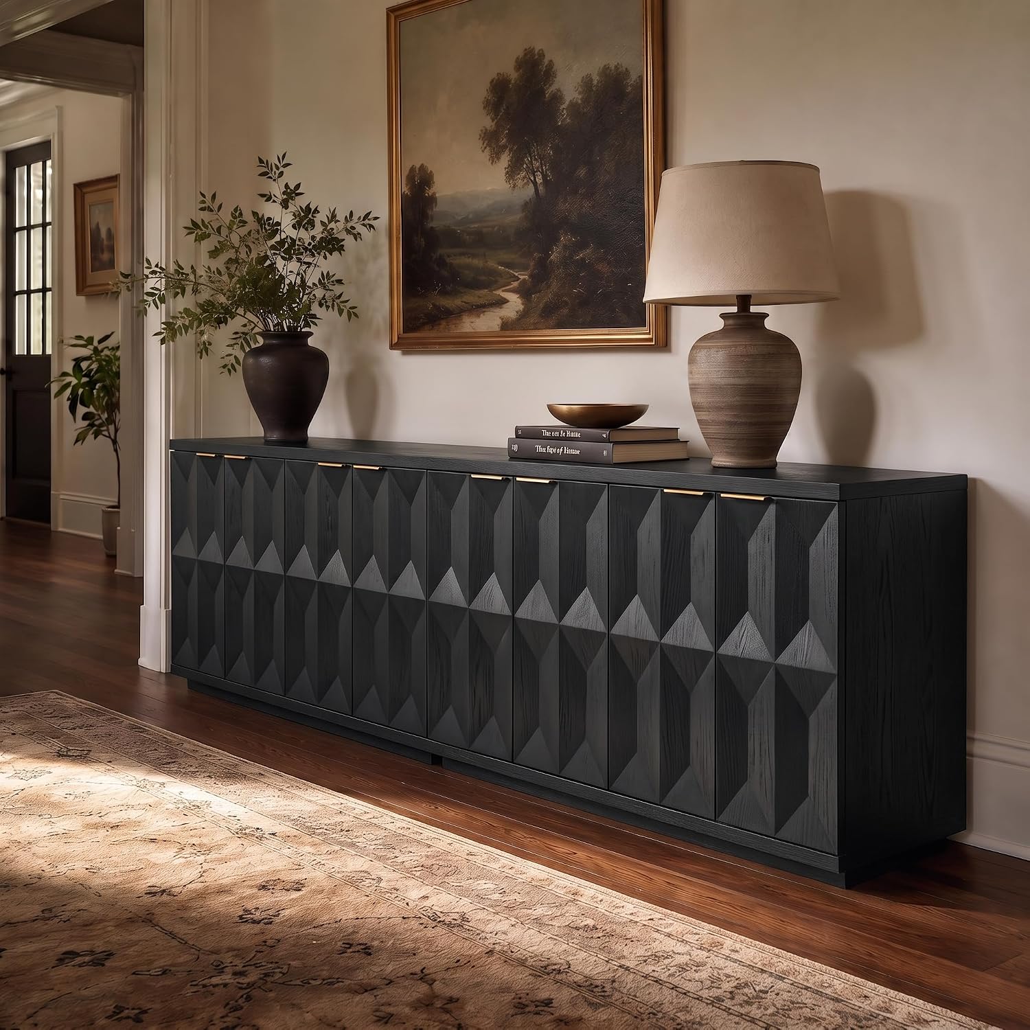 Brafab Buffet Cabinet, 118" Modern Mid-Century Credenza with 8 Doors, Wood Sideboard Cabinet with Geometric Doors for Living Room and Kitchen, Black