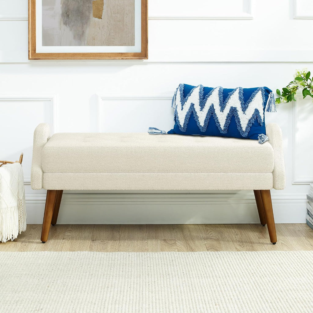 Modern Living Room Bench, Made of Looped Yarn Fabric, with Soft Cushion, Irregular Geometric armrests, and Rubber Wooden Legs, Suitable for Living Rooms, bedrooms, and entrances-Beige RR
