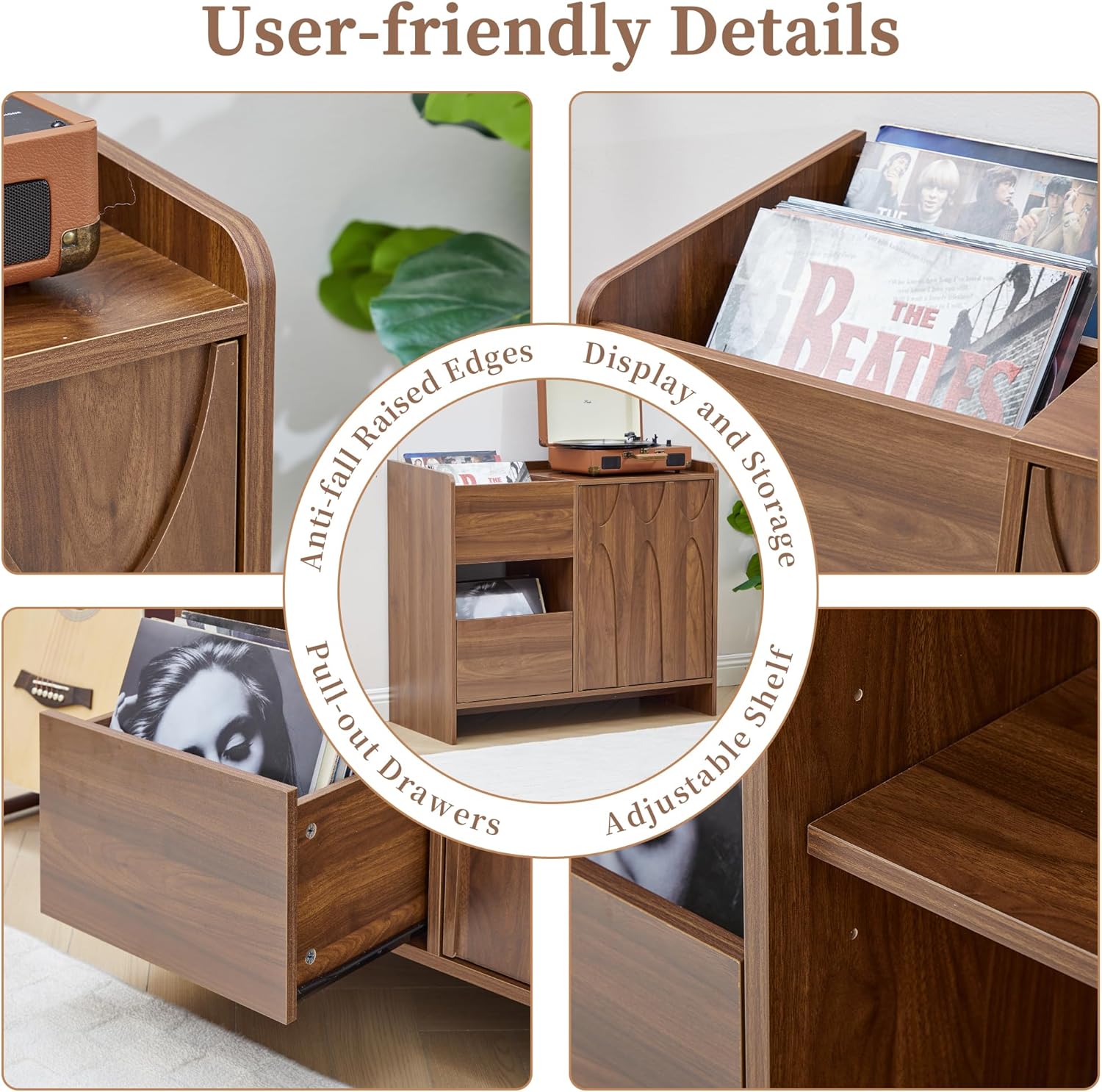 Bifins Record Player Stand with Drawer and Door, Mid Century Modern Turntable Cabinet with Vinyl Storage, Wood Record Player Table for Living Room & Music Room (Walnut)