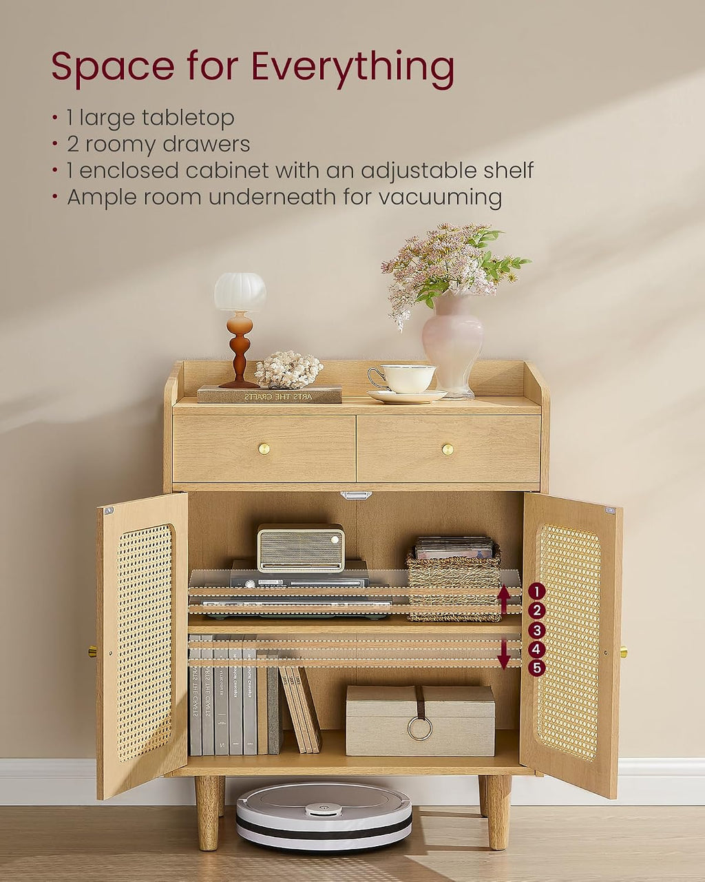 VASAGLE BOHOVEN Collection - Buffet Cabinet, Sideboard Storage Cabinet with Rattan-Like Doors and Drawers, Accent Cabinet, Adjustable Shelf, Boho Style, for Living Room, Oak Beige