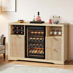 Coffee Bar Cabinet with Fridge Space, 53"L Wine Cabinets with Storage Drawer, Wood Buffet Sideboard Table, Fluted Liquor Cabinet with Wine Rack for Home Living Room,20"D x 53.1"W x 39.4"H-Natural Oak