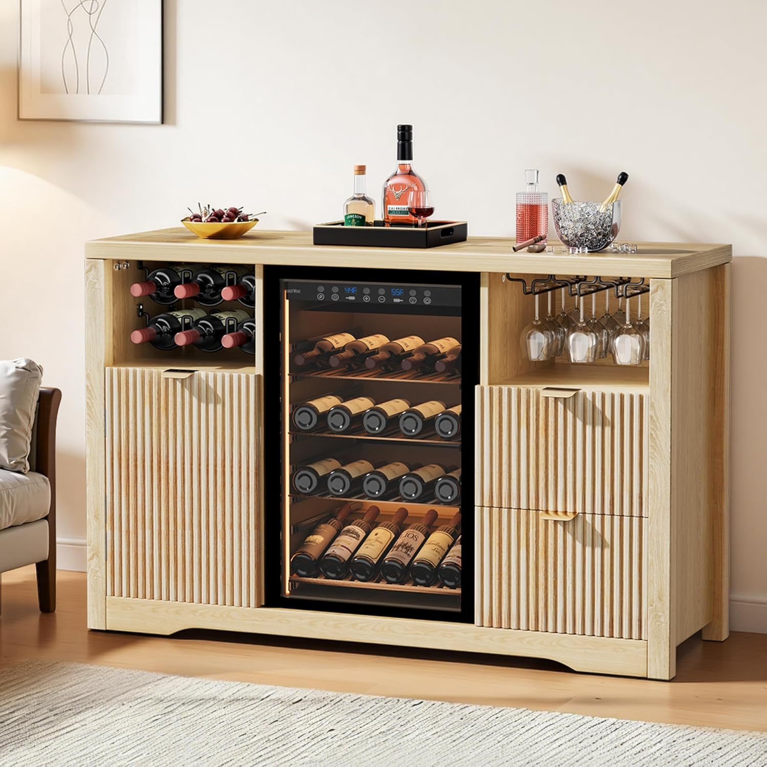Coffee Bar Cabinet with Fridge Space, 53"L Wine Cabinets with Storage Drawer, Wood Buffet Sideboard Table, Fluted Liquor Cabinet with Wine Rack for Home Living Room,20"D x 53.1"W x 39.4"H-Natural Oak