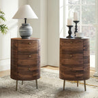 Mid Century Modern Round End Table with 3 Drawers, Small Wood Side Table with Flared Metal Legs and Vintage Knobs, Versatile Accent Beside Table for Living Room, Walnut